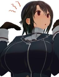 Rule 34 | 1girl, black gloves, black hair, blue coat, blue hat, blush, breasts, coat, commentary request, enoshito, gloves, hair between eyes, hat, highres, huge breasts, kantai collection, long sleeves, military uniform, parted lips, red eyes, short hair, simple background, solo, sweat, takao (kancolle), uniform, upper body, white background