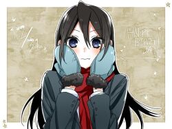 Rule 34 | 1girl, black hair, blue eyes, blush, closed eyes, commentary request, dated, hagiwara daisuke, hair between eyes, hands on own cheeks, hands on own face, happy birthday, hori-san to miyamura-kun, long hair, long sleeves, looking at viewer, mittens, red scarf, sawada honoka, scarf, solo, star (symbol), upper body