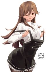 Rule 34 | 1girl, arashio (kancolle), arashio kai ni (kancolle), artist name, black dress, black pantyhose, breasts, brown eyes, brown hair, buttons, collared shirt, dated, dress, frilled dress, frills, hair between eyes, highres, kantai collection, long hair, long sleeves, looking at viewer, medium breasts, one-hour drawing challenge, one eye closed, open mouth, owa (ishtail), pantyhose, pinafore dress, shirt, simple background, sleeveless, sleeveless dress, smile, solo, strap, white background, white shirt