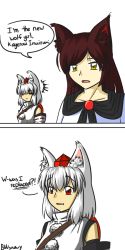 Rule 34 | 2girls, 2koma, ^^^, animal ears, bare shoulders, breasts, brown hair, bwsnowy, closed eyes, collarbone, comic, detached sleeves, deviantart thumbnail, dress, english text, fang, hat, highres, image sample, imaizumi kagerou, inubashiri momiji, jewelry, long hair, medium breasts, multiple girls, open mouth, pom pom (clothes), red eyes, shield, shirt, short hair, signature, simple background, tokin hat, touhou, white background, white hair, white shirt, wolf ears, yellow eyes