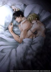 Rule 34 | 2boys, alternate hairstyle, bare shoulders, bed, bed sheet, black hair, blanket, blonde hair, closed eyes, from above, hug, hug from behind, lowres, lying, male focus, masakuni higo, multicolored hair, multiple boys, muscular, nicholas d. wolfwood, hugging object, on bed, on side, pillow, pillow hug, profile, scar, topless male, short hair, sleeping, tattoo, trigun, two-tone hair, under covers, upper body, vash the stampede, yaoi