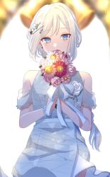 Rule 34 | 1girl, arch, bell, blue eyes, blurry, blush, bouquet, bracelet, commentary, covered mouth, cowboy shot, daisy, depth of field, dress, earrings, floating clothes, floral print, flower, grey dress, grey hair, hair ornament, hairclip, highres, holding, holding bouquet, jewelry, looking at viewer, mogumogudao, official alternate costume, official alternate hairstyle, pearl bracelet, pearl hair ornament, pink flower, pink rose, project sekai, rose, sidelocks, sleeveless, sleeveless dress, solo, standing, tonari ni tatsu yasashii anata e (project sekai)