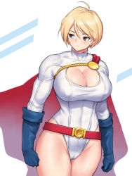 Rule 34 | 1girl, belt, blonde hair, blue background, blue eyes, blue gloves, breasts, cape, cleavage, cleavage cutout, closed mouth, clothing cutout, covered navel, dc comics, gloves, highres, large breasts, leotard, looking to the side, nestkeeper, power girl, red belt, red cape, short hair, simple background, solo, superman (series), thighs, two-tone background, white background, white leotard