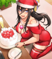 Rule 34 | 1girl, :d, ass, bare shoulders, black hair, blue eyes, blush, box, bracelet, breasts, cake, capelet, christmas, christmas cake, cleavage, commentary, cup, drinking glass, food, fork, gift, gift box, hair between eyes, hat, jewelry, kneeling, large breasts, long hair, looking at viewer, open mouth, original, pepe (jonasan), plant, plate, potted plant, red thighhighs, santa hat, smile, solo, thighhighs