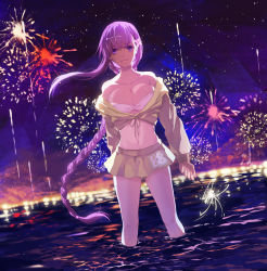 Rule 34 | 1girl, absurdres, bad id, bad pixiv id, bb (fate), bb (fate) (all), bb (swimsuit mooncancer) (fate), bb (swimsuit mooncancer) (first ascension) (fate), bikini, bikini skirt, braid, breasts, city lights, fate/grand order, fate (series), fireworks, flower, hair flower, hair ornament, highres, jacket, kariko (pixiv57224394), large breasts, long hair, navel, night, night sky, ocean, purple eyes, purple hair, sky, sparkler, swimsuit, very long hair, wading, yellow jacket