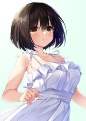 Rule 34 | 1girl, bare shoulders, black hair, blue background, blush, breasts, closed mouth, collarbone, dress, east01 06, frilled dress, frills, idolmaster, idolmaster cinderella girls, large breasts, looking at viewer, short hair, simple background, sleeveless, sleeveless dress, smile, solo, sundress, takafuji kako, upper body, white dress, yellow eyes