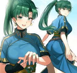 Rule 34 | 1girl, ass, blue dress, blush, breasts, dress, earrings, fire emblem, fire emblem: the blazing blade, green eyes, green hair, high ponytail, highres, jewelry, large breasts, long hair, looking at viewer, looking back, lyn (fire emblem), multiple views, nintendo, open mouth, ormille, pelvic curtain, ponytail, ring, rope belt, short sleeves, side slit, smile, thighs