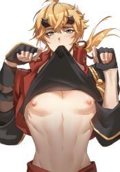 Rule 34 | 1boy, abs, blonde hair, clothes lift, genshin impact, green eyes, headband, highres, jacket, male focus, mouth hold, muscular, muscular male, navel, nipples, open clothes, open shirt, pants, red jacket, red pants, shirt lift, short hair, thoma (genshin impact), winleep