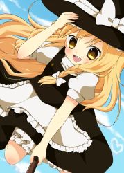 Rule 34 | 1girl, bad id, bad pixiv id, blonde hair, braid, broom, broom riding, female focus, flying, gradient background, hat, highres, kirisame marisa, long hair, outdoors, purin jiisan, ribbon, skirt, sky, smile, solo, touhou, witch, witch hat, yellow eyes