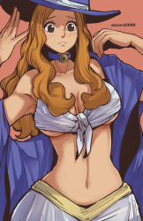 Rule 34 | 1girl, alternate costume, aosora2823, aphelandra, armpits, artist name, black eyes, blue choker, blue cloak, blue hat, blush, breasts, choker, cleavage, cloak, closed mouth, commentary, cowboy shot, curvy, hat, highres, large breasts, light frown, long hair, looking down, navel, one piece, orange hair, red background, sidelocks, simple background, skirt, solo, standing, stomach, strapless, tube top, underboob, wavy hair, white skirt, witch hat