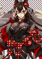 Rule 34 | 1girl, absurdres, black dress, bow, breasts, bright pupils, brown hair, capelet, cleavage cutout, clothing cutout, cone hair bun, corset, dress, fate/grand order, fate (series), gem, glasses, hair bun, heart, heart-shaped pupils, highres, juliet sleeves, large breasts, long sleeves, looking at viewer, murasaki shikibu (fate), polka dot, polka dot bow, puff and slash sleeves, puffy sleeves, red eyes, red gemstone, shiochan, smile, solo, symbol-shaped pupils, valentine