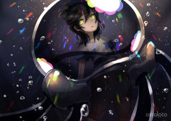 Rule 34 | 1boy, artist name, black hair, black pants, bubble, cocoloco, commentary request, creatures (company), elio (pokemon), fusion, game freak, gen 7 pokemon, hair between eyes, looking to the side, messy hair, nihilego, nintendo, open mouth, pants, pokemon, pokemon (creature), pokemon sm, shirt, short sleeves, striped clothes, striped shirt, ultra beast, yellow eyes