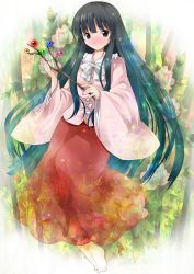 Rule 34 | 1girl, bad id, bad pixiv id, bamboo, bamboo forest, barefoot, black hair, blue eyes, branch, female focus, flower, forest, highres, hime cut, houraisan kaguya, japanese clothes, jeweled branch of hourai, long hair, long skirt, long sleeves, michii yuuki, nature, skirt, solo, touhou, very long hair, wide sleeves