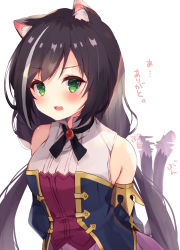 Rule 34 | 1girl, afterimage, animal ear fluff, animal ears, arms behind back, bare shoulders, black hair, blush, breasts, cat ears, cat girl, cat tail, commentary, detached sleeves, dress, ebihara beniko, fang, green eyes, highres, karyl (princess connect!), looking at viewer, multicolored clothes, multicolored dress, multicolored hair, open mouth, princess connect!, simple background, skin fang, small breasts, solo, streaked hair, tail, tail wagging, translated, two-tone hair, upper body, v-shaped eyebrows, white background, white hair