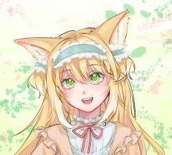 Rule 34 | 1girl, :d, absurdres, animal ear fluff, animal ears, aqua hairband, arknights, blonde hair, brown cardigan, cardigan, chinese commentary, commentary request, fox ears, fox girl, frilled hairband, frills, green eyes, hair between eyes, hair ornament, hairband, highres, neck ribbon, official alternate costume, open cardigan, open clothes, open mouth, portrait, red ribbon, ribbon, shirt, smile, solo, suzuran (arknights), suzuran (spring praise) (arknights), teeth, upper teeth only, white shirt, xianyuyouyyyy