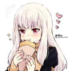 Rule 34 | 1girl, bad id, bad twitter id, blush, closed mouth, eating, fire emblem, fire emblem: three houses, food, food on face, food request, heart, holding, holding food, lysithea von ordelia, naho (pi988y), nintendo, pastry, pink eyes, simple background, solo, sparkle, twitter username, upper body, watermark, white hair
