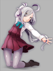 Rule 34 | 10s, 1girl, ahoge, asashimo (kancolle), boots, bow, bowtie, brown footwear, comah, eyes visible through hair, full body, grey background, grey eyes, grey hair, grey pantyhose, hair over one eye, kantai collection, long sleeves, looking at viewer, multicolored hair, pantyhose, pleated skirt, ponytail, purple skirt, school uniform, shirt, simple background, skirt, smile, solo, two-tone hair, white shirt