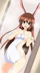 Rule 34 | 1girl, absurdres, animal ears, blush, breasts, brown eyes, brown hair, covering breasts, covering privates, doorway, embarrassed, hair between eyes, highres, large breasts, long hair, looking at viewer, naked towel, no nose, nude cover, open mouth, rabbit ears, rabbit girl, rwby, self-upload, shikniful, solo, steam, surprised, towel, velvet scarlatina