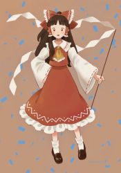 Rule 34 | 1girl, ascot, blunt bangs, bobby socks, bow, brown eyes, brown footwear, brown hair, chestnut mouth, confetti, detached sleeves, dot nose, frilled bow, frilled skirt, frills, full body, gohei, hair bow, hair tubes, hakurei reimu, highres, holding, long hair, mary janes, red background, red bow, red shirt, red skirt, shirt, shoes, signature, skirt, skirt set, sleeveless, sleeveless shirt, socks, toe miyama, touhou, wide sleeves, yellow ascot