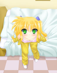 Rule 34 | 1girl, bed, blonde hair, blush, camisole, flat chest, from above, green eyes, highres, long hair, looking up, off shoulder, open clothes, open shirt, original, pajamas, shirt, sitting, smile, solo, twintails
