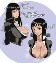 Rule 34 | 1girl, absurdres, black hair, blue eyes, breasts, cleavage, clothes, english text, female focus, highres, large breasts, long hair, looking at viewer, nico robin, nipples, one eye closed, one piece, open mouth, pseudocel, smile, solo, trembling