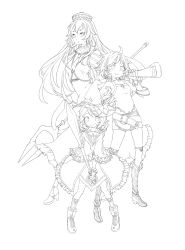 Rule 34 | &gt;:), 3girls, :d, absurdres, ahoge, armband, armpits, bad id, bad pixiv id, bare shoulders, belt, belt skirt, blush, boots, breasts, feathers, flat chest, frills, full body, gloves, greyscale, hat, hat feather, high heels, highres, holding, holding weapon, knee boots, kneehighs, light smile, lineart, long hair, looking at viewer, lucent heart, monochrome, multiple girls, open mouth, over shoulder, parted bangs, polearm, reika (artist), reika (clovia studio), short hair, simple background, small breasts, smile, socks, spear, staff, standing, swept bangs, thighhighs, triangle mouth, trident, v-shaped eyebrows, v arms, very long hair, weapon, wide sleeves, witch hat