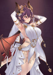 Rule 34 | 1girl, armpits, arms up, bare shoulders, blush, breasts, closed mouth, detached sleeves, dragon girl, dragon tail, dragon wings, dress, granblue fantasy, grea (shingeki no bahamut), highres, large breasts, long sleeves, minarai, pointy ears, purple background, purple hair, red eyes, short hair, sideboob, solo, standing, tail, thighs, white dress, wings