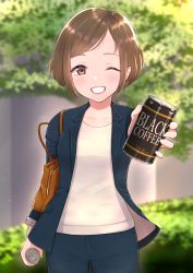 Rule 34 | 1girl, ;), absurdres, artist name, bag, blurry, blurry background, brown bag, brown eyes, can, canned coffee, drink can, formal, grin, handbag, highres, holding, holding can, jacket, looking at viewer, miiki1hima, office lady, one eye closed, original, pants, parted lips, shirt, short hair, smile, solo, standing, suit, white shirt