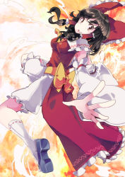 Rule 34 | 1girl, :o, aoi kujira, black hair, blush, bow, cookie (touhou), detached sleeves, hair bow, hair tubes, hakurei reimu, kanna (cookie), long hair, looking at viewer, red eyes, solo, touhou, v-shaped eyebrows, wide sleeves