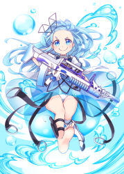 Rule 34 | &gt;:), 1girl, ads (girls&#039; frontline), ads amphibious rifle, assault rifle, barefoot, blue dress, blue eyes, blue hair, boots, bullpup, caseless firearm, closed mouth, commentary request, dress, dual-medium assault rifle, forehead, full body, girls&#039; frontline, gloves, grenade launcher, gun, harada (sansei rain), highres, holding, holding gun, holding weapon, kbp instrument design bureau, knee boots, knife, long gun, long hair, looking at viewer, multiple-barrel firearm, name connection, object namesake, one-piece swimsuit, puffy short sleeves, puffy sleeves, rifle, see-through, short sleeves, simple background, single knee boot, smile, soles, solo, suppressor, swimsuit, tskib soo, underbarrel grenade launcher, underwater firearm, v-shaped eyebrows, very long hair, water, weapon, white background, white footwear, white gloves, white one-piece swimsuit