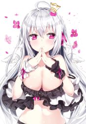 Rule 34 | 1girl, ahoge, bare shoulders, blush, breasts, cleavage, closed mouth, collarbone, commentary request, crown, fingernails, fingers together, flower, groin, hair between eyes, hair flower, hair ornament, hands up, highres, kamioka shun&#039;ya, large breasts, long hair, looking at viewer, mini crown, navel, original, pink flower, purple eyes, shiori (kamioka shun&#039;ya), silver hair, simple background, smile, solo, sparkle, strap slip, very long hair, white background, wrist cuffs