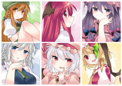 Rule 34 | 6+girls, :3, :d, alternate eye color, bad id, bad pixiv id, bat wings, blonde hair, blue dress, blue eyes, bow, braid, brooch, brown eyes, brown hair, head rest, commentary request, dress, finger to mouth, flandre scarlet, green dress, hair ribbon, hammer (sunset beach), hand on own cheek, hand on own face, hat, head wings, hong meiling, izayoi sakuya, jewelry, koakuma, looking at viewer, looking back, mob cap, multiple girls, open mouth, patchouli knowledge, pink dress, pink eyes, puffy sleeves, purple eyes, purple hair, red dress, red eyes, red hair, remilia scarlet, ribbon, shirt, short sleeves, silver hair, sitting, smile, embodiment of scarlet devil, touhou, tress ribbon, twin braids, wings