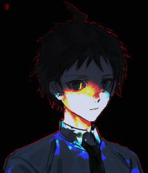 Rule 34 | 1boy, ahoge, black background, black hair, closed mouth, collared shirt, danganronpa (series), danganronpa 2: goodbye despair, dated commentary, expressionless, highres, hinata hajime, jewelry, kaminari s, looking at viewer, male focus, necktie, portrait, shirt, short hair, simple background, solo, spiked hair, translation request, upper body, white shirt