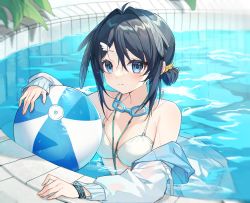 Rule 34 | 1girl, ahoge, arknights, ball, beachball, bikini, black bracelet, black hair, blue eyes, blush, breasts, feather hair, goggles, goggles around neck, hair between eyes, hair intakes, hair ornament, hair rings, hairclip, highres, holding, holding ball, holding beachball, infection monitor (arknights), jacket, la pluma (summer flowers) (arknights), lanyard, long sleeves, looking at viewer, off shoulder, official alternate costume, open clothes, open jacket, pool, small breasts, solo, swimsuit, wading, white bikini, white jacket, yunweishukuang