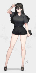 Rule 34 | 1girl, arm up, black footwear, black hair, black nails, black shirt, black shorts, blush, bracelet, breasts, classy-black-haired girl (hayabusa), closed mouth, collarbone, collared shirt, commentary, earrings, floral background, full body, hayabusa (vert 320), highres, holding, jewelry, large breasts, looking at viewer, nail polish, original, purple eyes, shirt, shirt tucked in, short shorts, short sleeves, shorts, signature, solo, standing, sunglasses, symbol-only commentary, thighs, toenail polish, toenails, white background