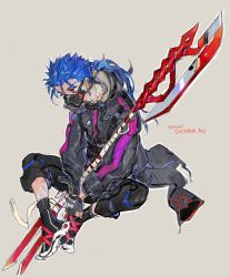 Rule 34 | 1boy, alternate costume, alternate weapon, beads, blue hair, cu chulainn (fate), cu chulainn (fate/stay night), dog tags, earrings, fate/stay night, fate (series), fingerless gloves, full body, g0ringo, gloves, grey background, hair beads, hair ornament, highres, hood, hood down, hoodie, jewelry, long hair, male focus, mask, mouth mask, muzzle, pants, polearm, ponytail, red eyes, sandals, simple background, sitting, sketch, socks, solo, spiked hair, strap, weapon