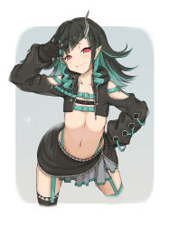 Rule 34 | 1girl, nanashi inc., belt, belt bra, black gloves, black hair, black jacket, black skirt, black thighhighs, blue belt, blue hair, blush, border, chest belt, closed mouth, clothing cutout, commentary request, contrapposto, cowboy shot, cropped jacket, cross-laced clothes, cross-laced sleeves, demon girl, demon horns, fang, fang out, flat chest, garter straps, gloves, grey background, grey skirt, hand on own hip, highres, horns, jacket, layered skirt, long hair, long sleeves, looking at viewer, midriff, multicolored hair, navel, open clothes, open jacket, pointy ears, red eyes, rose22, russian text, shishio chris, shoulder cutout, single thighhigh, skirt, smile, solo, sugar lyric, thighhighs, two-tone hair, virtual youtuber, waving, white border, zipper skirt