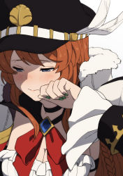 Rule 34 | 1girl, black coat, black hat, blue eyes, blush, breasts, brown hair, choker, cleavage, closed mouth, coat, granblue fantasy, green nails, half-closed eyes, hand up, hat, lecia (granblue fantasy), lips, long hair, long sleeves, looking away, mifuta, nail polish, peaked cap, photoshop (medium), simple background, solo, upper body, white background