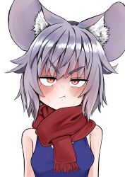 Rule 34 | 1girl, :t, absurdres, animal ear fluff, animal ears, blue tank top, blush, breasts, closed mouth, commentary request, frown, ginger ale (syouga 6383), grey hair, highres, looking at viewer, mouse ears, mouse girl, nazrin, portrait, pout, red scarf, scarf, short hair, simple background, small breasts, solo, tank top, touhou, v-shaped eyebrows, white background