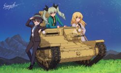 Rule 34 | 3girls, anchovy (girls und panzer), arsene lupin iii, arsene lupin iii (cosplay), black footwear, black hair, black jacket, black pants, black ribbon, black shirt, blonde hair, braid, brown eyes, carpaccio (girls und panzer), carro veloce cv-33, commentary request, commission, cosplay, dated, drill hair, girls und panzer, grass, green eyes, green hair, green jacket, hair ribbon, hat, holding, holding sword, holding weapon, ishikawa goemon xiii, ishikawa goemon xiii (cosplay), jacket, japanese clothes, jigen daisuke, jigen daisuke (cosplay), katana, long hair, looking at viewer, lupin iii, military, military vehicle, motor vehicle, multiple girls, necktie, night, pants, pepperoni (girls und panzer), pink necktie, red eyes, ribbon, sheath, sheathed, shinmai (kyata), shirt, short hair, side braid, signature, skeb commission, smile, sword, tank, twin drills, twintails, vehicle focus, weapon, yellow necktie