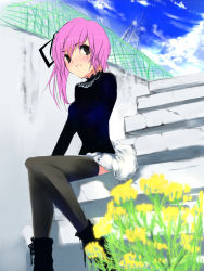 Rule 34 | 1girl, ankle boots, black thighhighs, blue sky, boots, cloud, day, long sleeves, looking at viewer, matsumate, original, outdoors, pink hair, railing, red eyes, short hair, sky, solo, stairs, thighhighs, zettai ryouiki