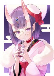 Rule 34 | 1girl, bendy straw, blush, bob cut, bow, breasts, choker, dress for demons, drinking, drinking straw, eyeliner, fate/grand order, fate (series), glasses, gyzett, hat, headpiece, highres, horns, japanese clothes, juice box, kimono, long sleeves, looking at viewer, makeup, mini hat, oni, pink hat, pink kimono, pointy ears, purple eyes, purple hair, red bow, sash, short hair, shuten douji (dress for demons) (fate), shuten douji (fate), skin-covered horns, small breasts, solo, wide sleeves