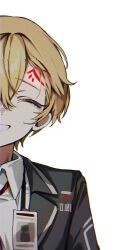 Rule 34 | 1boy, bishounen, blonde hair, closed eyes, formal, highres, id card, limbus company, male focus, mu46016419, necktie, project moon, red necktie, short hair, simple background, sinclair (project moon), smile, suit, upper body, white background