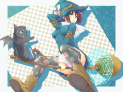 Rule 34 | 1girl, bow, broom, broom riding, cat, flying, hat, highres, kanata (kanata onion), magic, magic circle, original, patch, patterned legwear, polka dot, polka dot legwear, riding, solo, tail, tail bow, tail ornament, thighhighs, wings, witch, witch hat