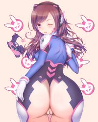 Rule 34 | 1girl, ;d, adapted costume, arched back, armor, ass, bent over, bodysuit, bracer, breasts, brown eyes, brown hair, cameltoe, charm (object), cowboy shot, d.va (overwatch), eyebrows, facepaint, facial mark, fang, from behind, gloves, gun, hand on ass, handgun, headphones, high collar, highres, hitomilook, leaning forward, long hair, looking at viewer, looking back, medium breasts, one eye closed, open mouth, overwatch, overwatch 1, pauldrons, pilot suit, pussy, ribbed bodysuit, shoulder armor, shoulder pads, simple background, smile, solo, thigh gap, turtleneck, uncensored, weapon, whisker markings, white gloves