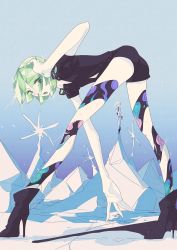 Rule 34 | 2others, androgynous, antarcticite, boots, colored skin, crystal hair, eyes visible through hair, gem uniform (houseki no kuni), glacier, green eyes, green hair, hand in own hair, high heel boots, high heels, highres, houseki no kuni, ice, looking at viewer, multiple others, necktie, open mouth, outdoors, phosphophyllite, short hair, sparkle, spoilers, white hair, white skin