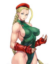 Rule 34 | 1girl, antenna hair, armpit crease, ass, bare shoulders, beret, blonde hair, blue eyes, braid, breasts, cameltoe, cammy white, capcom, cleft of venus, covered collarbone, covered erect nipples, cowboy shot, curvy, expressionless, facial scar, female focus, fingerless gloves, fingernails, gloves, green leotard, groin, hair tie, hand up, hat, head tilt, highleg, highleg leotard, highres, impossible clothes, impossible leotard, large breasts, leotard, lips, long hair, looking at viewer, looking to the side, muscular, muscular female, parted lips, partially visible vulva, red gloves, red hat, scar, scar on cheek, scar on face, shiny skin, shu-mai, sideboob, sideways glance, simple background, skin tight, sleeveless, solo, standing, street fighter, thighs, turtleneck, twin braids, very long hair, white background, wide hips