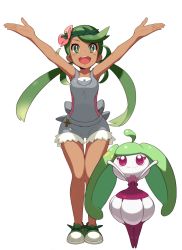 Rule 34 | 1girl, alpha transparency, arms up, blush, creatures (company), dark-skinned female, dark skin, flower, full body, game freak, gen 7 pokemon, green eyes, green hair, hair flower, hair ornament, long hair, mallow (pokemon), matching hair/eyes, nintendo, open mouth, outstretched arms, overalls, pokemon, pokemon (anime), pokemon (creature), pokemon sm, pokemon sm (anime), smile, solo, spread arms, steenee, tonami kanji, transparent background, trial captain, twintails