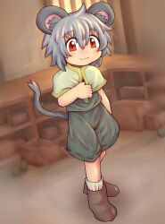 Rule 34 | 1boy, :3, animal ears, blurry, blurry background, blush, boots, box, brown footwear, capelet, cardboard box, closed mouth, commentary, cookie (touhou), drddrddo, full body, genderswap, genderswap (ftm), grey hair, grey shirt, grey shorts, hair between eyes, highres, indoors, long bangs, looking at viewer, male focus, mouse boy, mouse ears, mouse tail, nazrin, nyon (cookie), red eyes, shelf, shirt, short hair, shorts, smile, socks, solo, tail, touhou, white capelet, white socks