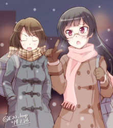 Rule 34 | 10s, 2girls, bag, black hair, blush, brown gloves, brown hair, choukai (kancolle), coat, dated, double-breasted, e20, closed eyes, glasses, gloves, hands in pockets, index finger raised, kantai collection, long hair, maya (kancolle), multiple girls, open mouth, plaid, plaid scarf, red eyes, scarf, short hair, shoulder bag, snowing, twitter username, winter clothes